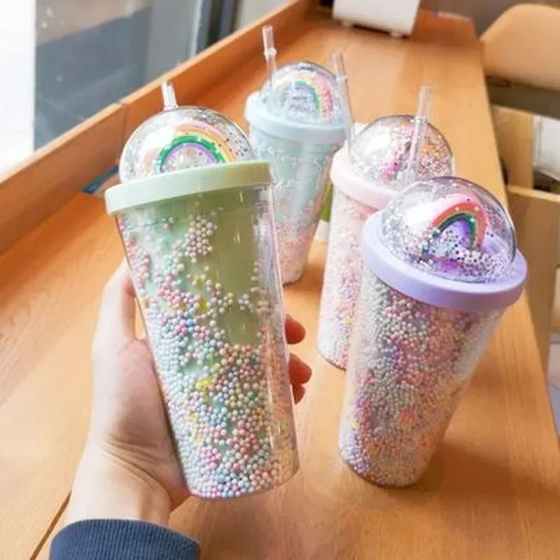 Double Layers Rainbow Plastic Water Bottle with Straw Korean Style Creative Sweet Mug for Milk Coffee Tea Cup Water Bottles