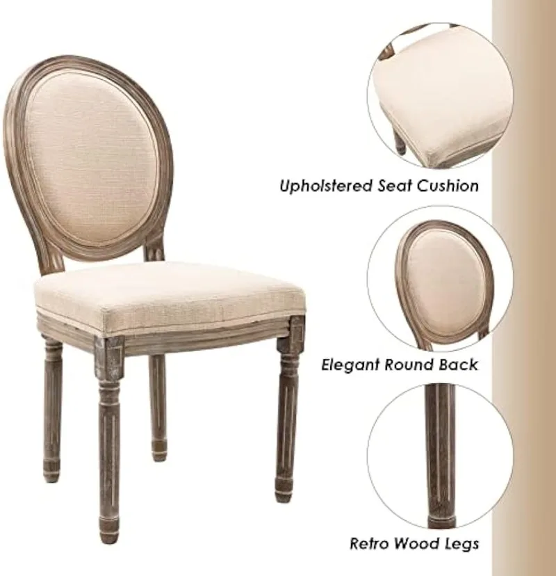 French Dining Chairs Set of 4,Upholstered Round Back Dining Chairs for Living Room, Kitchen, Restaurant (Dark Beige)