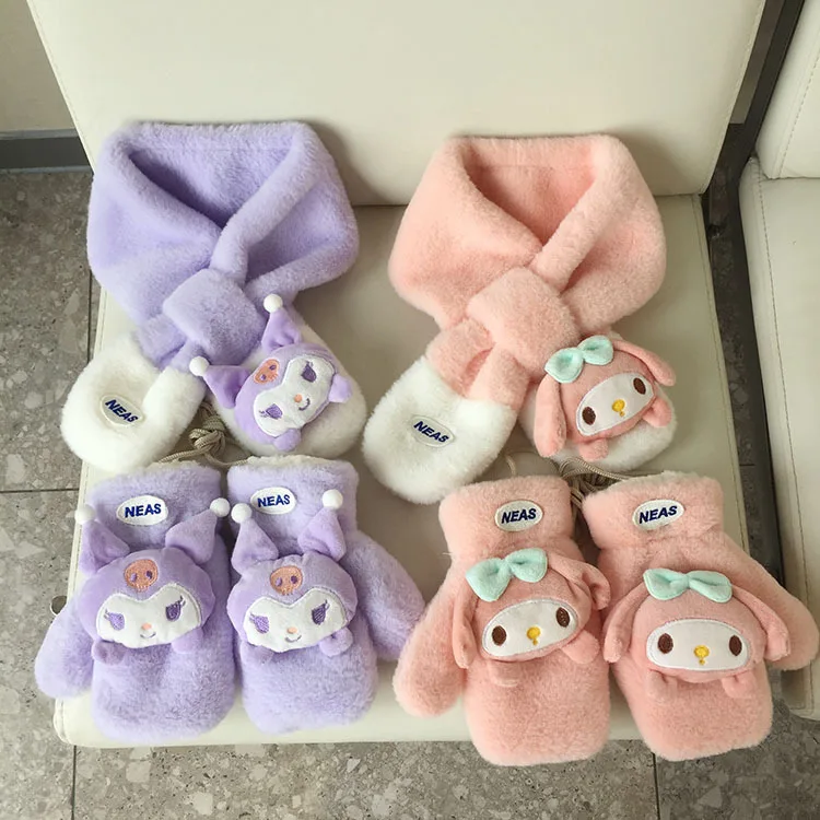

Miniso, осенне-зимний новый корейский детский шарф с маленькой этикеткой, милый детский шарф с вышивкой из мультфильма, утолщенные теплые плюшевые перчатки, детский шарф