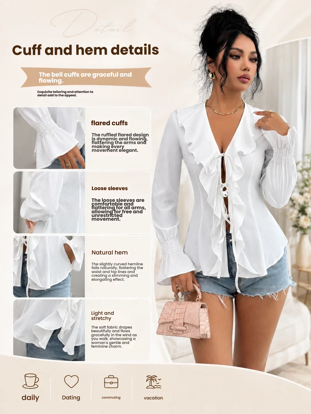Y2K Women Ruffled Tie Front Shirt Elegant Deep V Neck Flared Long Sleeve Loose Fit Cardigan Cute Casual Daily Blouse - view 4