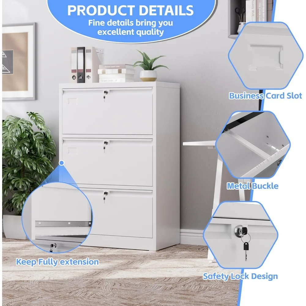 خزانة ملفات جانبية واسعة ذات 3 أدراج لملفات الرسائل، القانونية، F4، A4 - تخزين آمن للقفل مع حامل بطاقة العمل