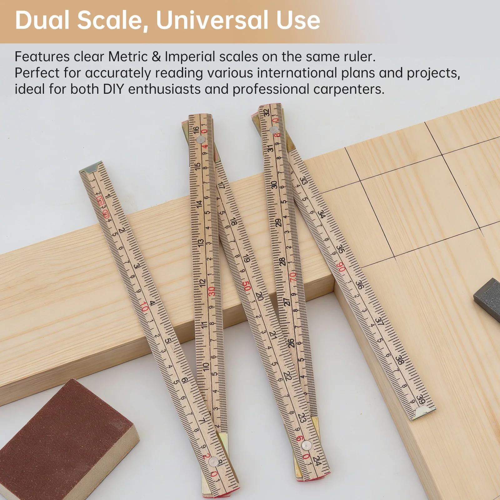 1M Wooden Foldable Ruler Metric Imperial Dual Scale Wood Folding Carpenter Ruler for Drawing Woodworking DIY Measuring Tool
