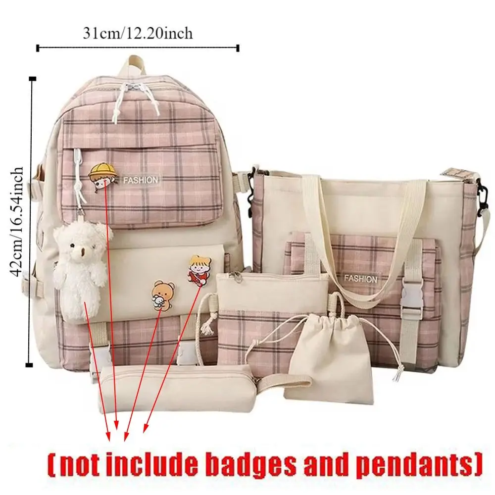 5Pcs/Set Large Capacity Cute Plaid Backpack Korean Style Adjustable Straps Cartoon Shoulder Bag Y2K Canvas Student School Bag