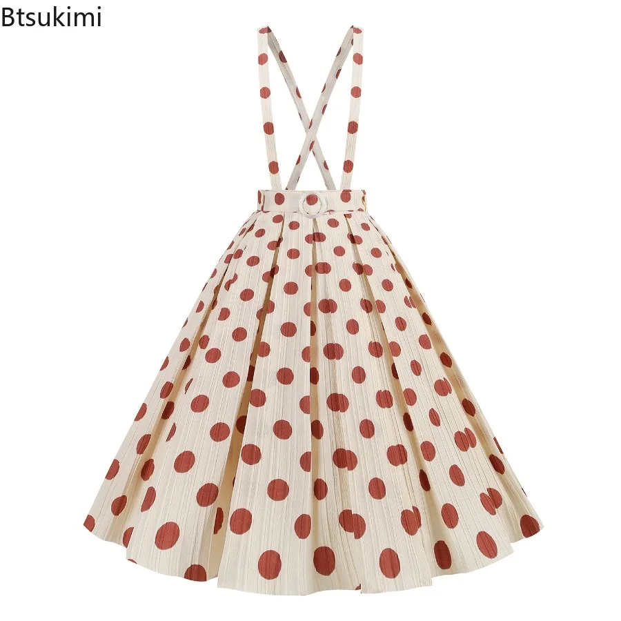 

2025 Women's Vintage Skirt High Waist Suspender Skirt Pleated Polka Dots Overall Skirt Retro Rockabilly Cocktail Tea Party Dress