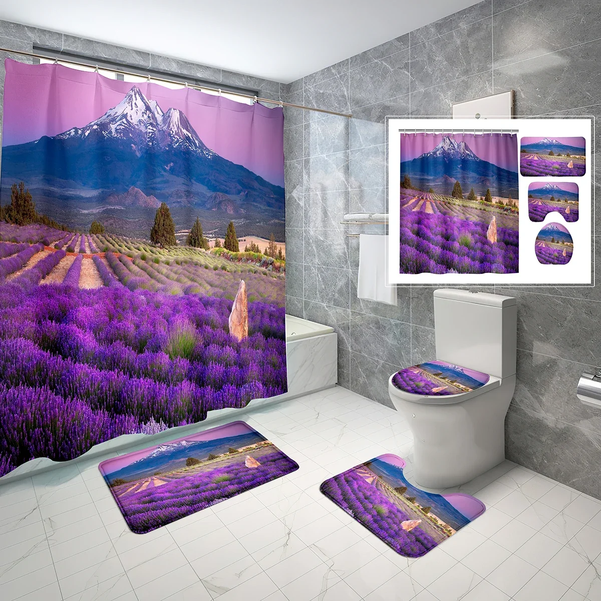 Lavender Shower Curtain Set 4 PCS Natural Violet Flower Bathroom Non-Slip Bath Mat Waterproof Shower Curtain Toilet Cover Set