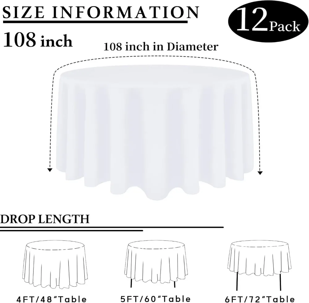 

12 Pack 108 Inch White Round Tablecloth, Washable Polyester Wrinkle Resistant for Wedding Party Banquet Dining