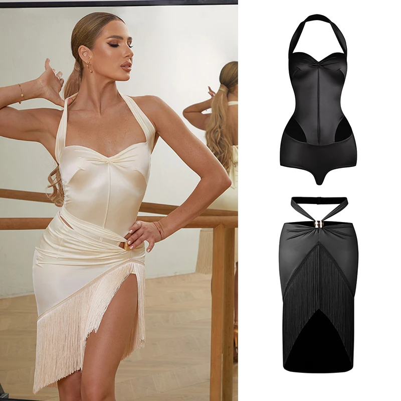 Ropa de baile latino de satén para mujer, mono con cuello Halter, falda con flecos, disfraz de actuación de Cha Rumba, vestido blanco y negro DNV20773