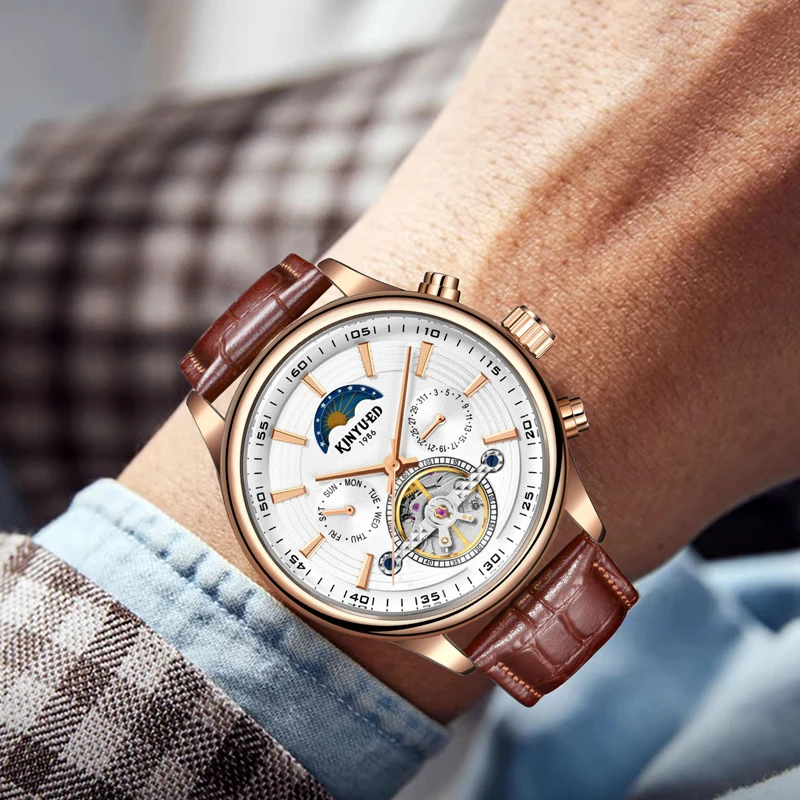KINYUED Orologio meccanico di moda di marca per uomo Multifunzionale fasi lunari Settimana Data Tourbillon automatico di lusso Orologi da uomo