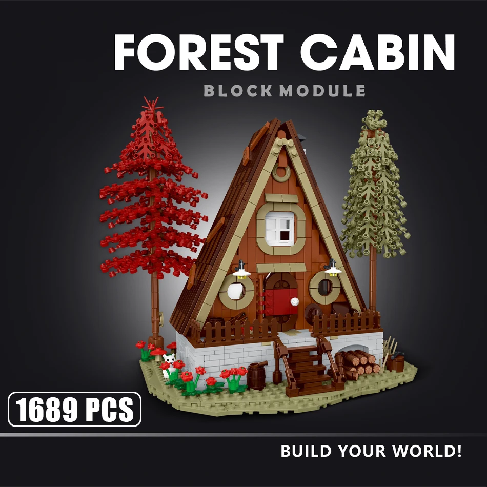 MOC Forest Cabin Street View MOC Building Blocks with LED Strip Wooden House Architecture Modular Bricks Toy for Kid Gift