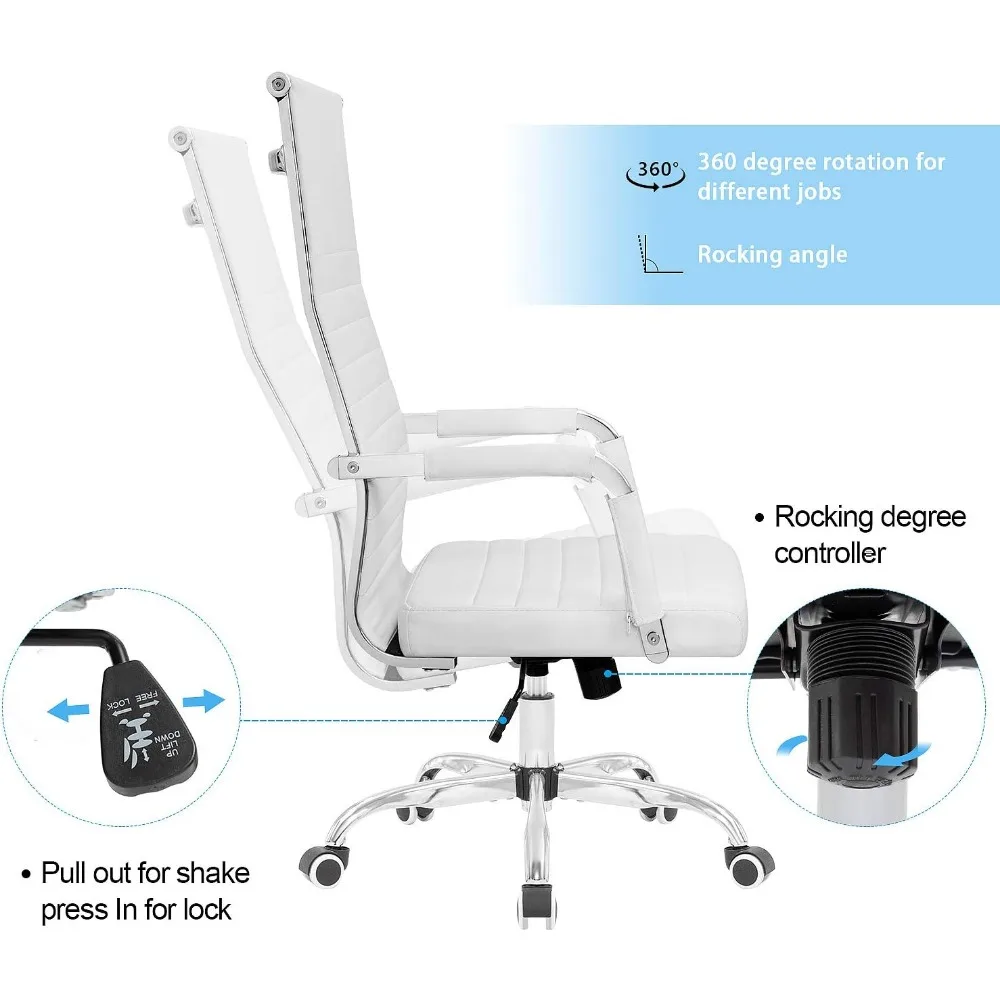 Ribbed Office High Back PU Leather Desk Adjustable Swivel Task Computer Chair with Armrest for Conference Study Leisure