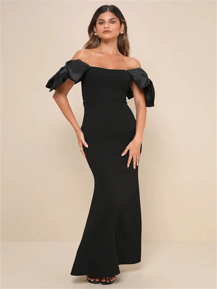 

New Arrival Off Shoulder Neckline With Bows Satin Sheath Evening Dress Elegant Open Back Zipper Floor Length Gown For Women 2024