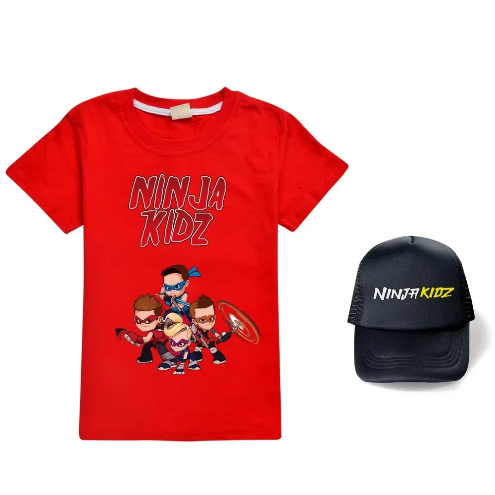 NINJA KIDZ Girls Boys Anime T Shirt Print Cartoon Casual Summer Children Cotton Short-sleeved T-shirt with cap Kids Clothes