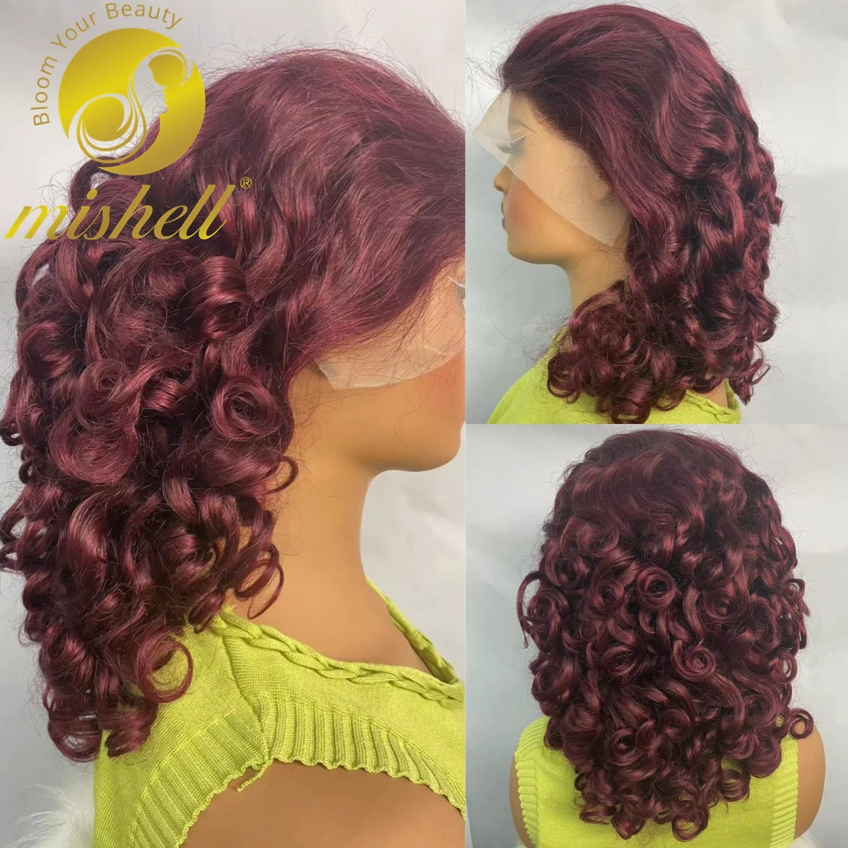 Full Lace Frontal Spring Bouncy Curly Perucas de Cabelo Humano, Borgonha, Loose Wave Bob Wig, Pre-Arrancado, 250% Densidade, 13x4, 99J