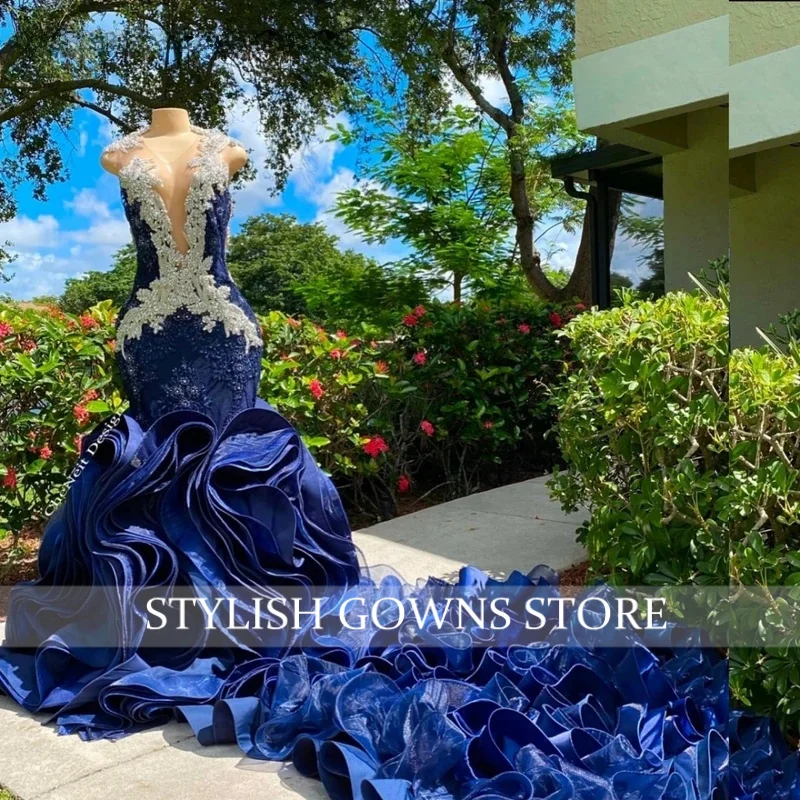 

Customized Sparkly Navy Blue Mermaid Prom Dress Black Girls Silver Rhinestone Beaded Ruffles Evening Party Gown E3P148