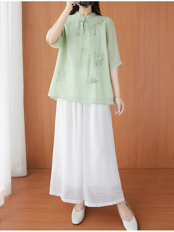 Conjunto de Dos Piezas de Verano para Mujer, Estilo Chino Juvenil, Blusa Bordada con Pantalones Anchos y Chal, Atuendo Casual a la Moda