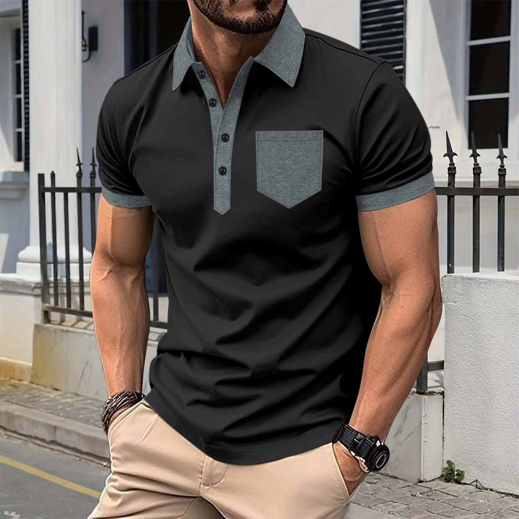 

Men's contrast-color collar short-sleeved round-neck shirt with buttoned lapel and chestpocket casual golf business casual shirt