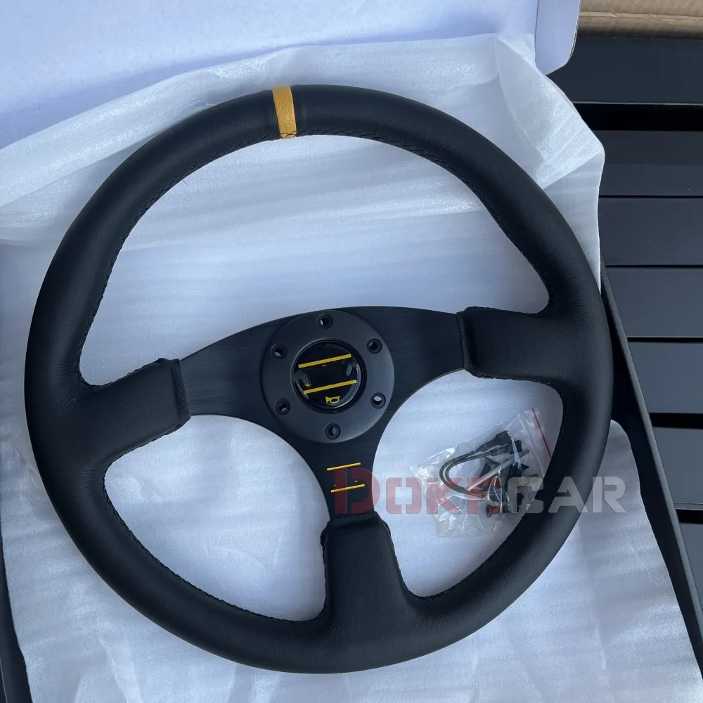 refitting racing 14 inch 350mm flat drift steering wheel Leather Yellow Style steering wheel