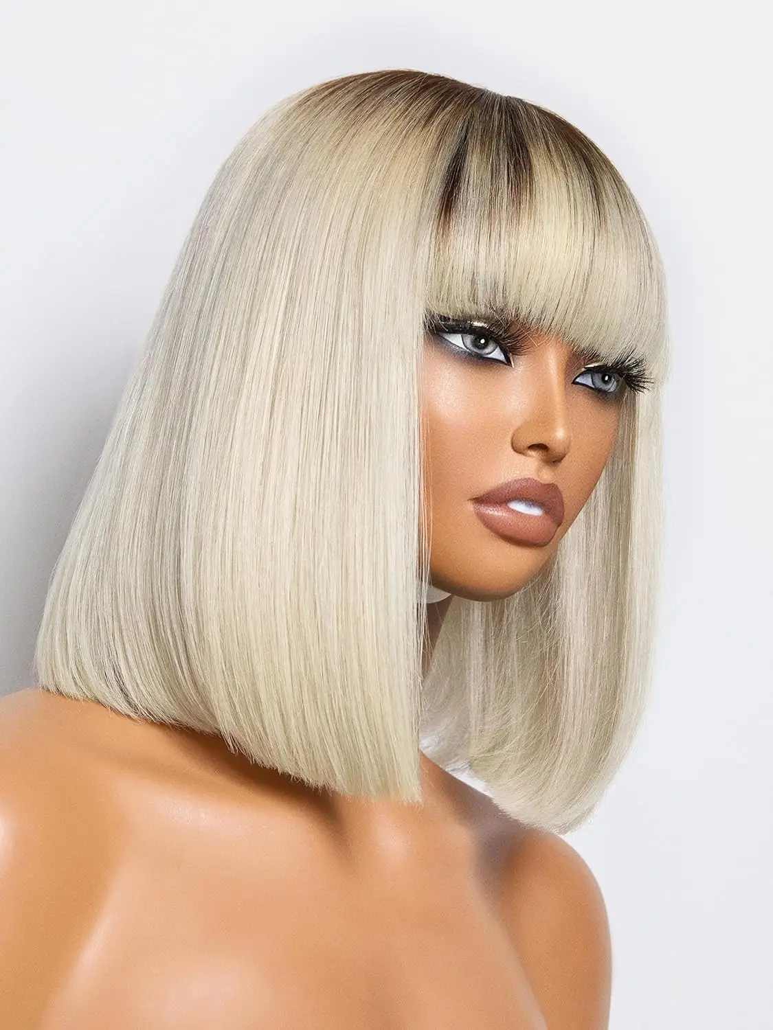 Luvme Hair Ombre Blonde Bob Wig With Bangs Human Hair, Silky Straight Platinum Blonde Human Hair Short Wigs With Dark Roots,