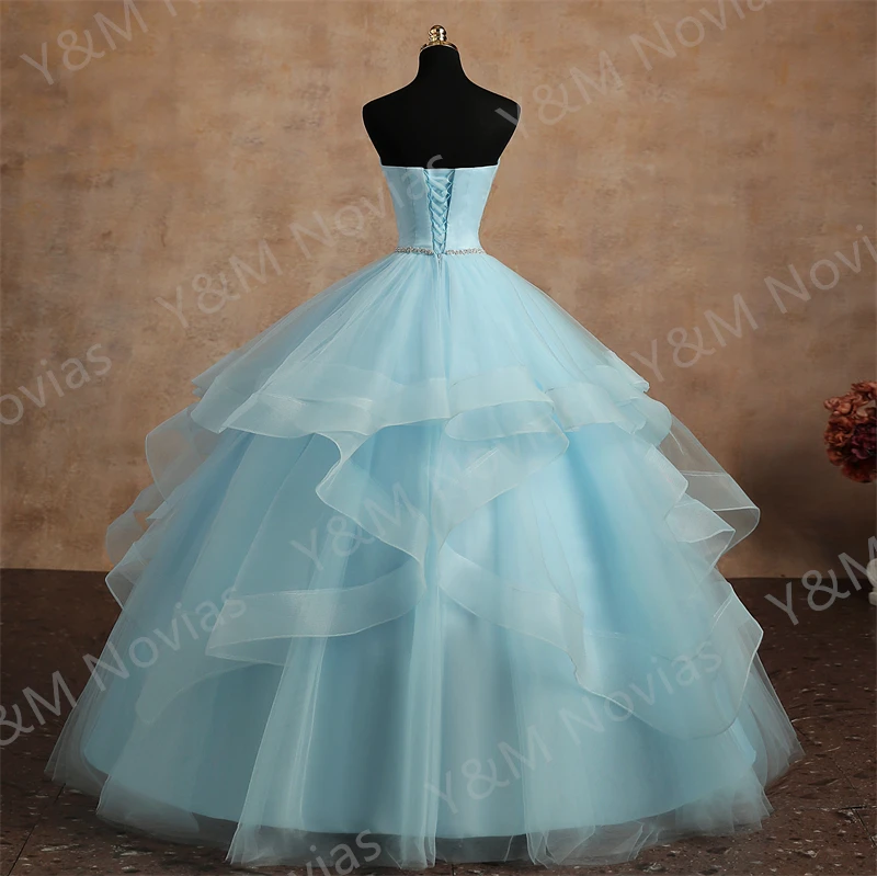 Vestido De quinceañera rosa con cinturón De cristal, vestido De princesa con volantes sin tirantes para niña dulce 15, personalizado, talla grande