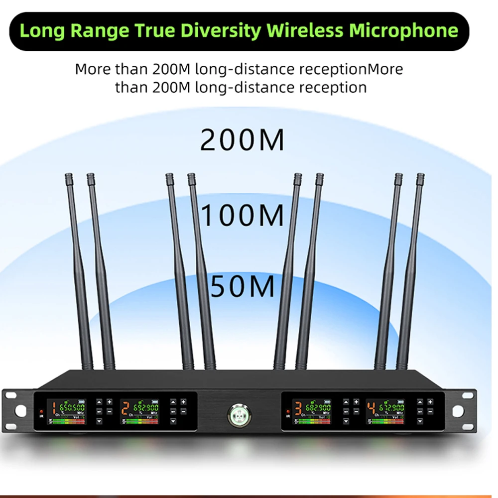 4 in 1 Professional Wireless Diversity Microphone 200m Long Range Rechargeable Mic for Church Events