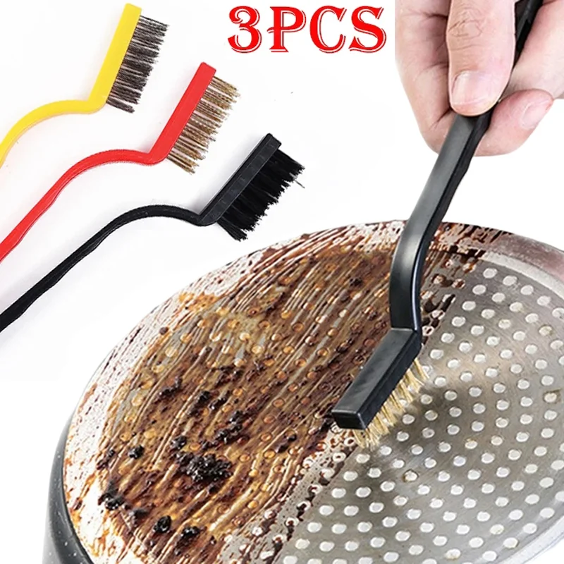 3PCS Gas Stove Cleaning Brushes Kitchen Tool Metal Fiber Brushes Iron Brush Cleaning Wire Brush Copper Brush Cleaning Tools