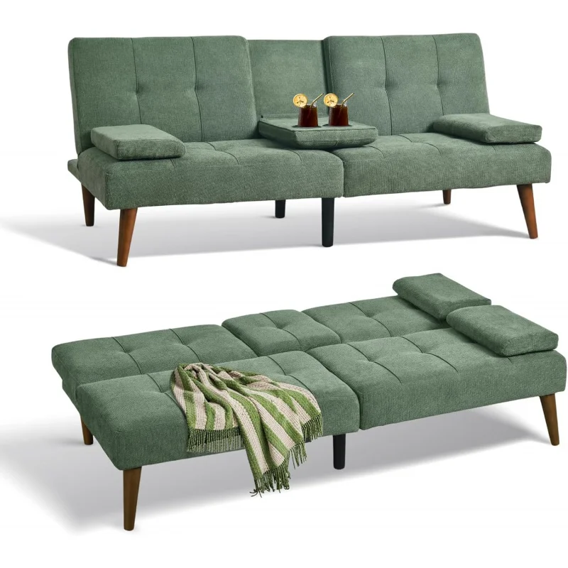 

Futon Sofa Bed-Fabric Small Couch Lounge Convertible with 2 Cup Holders, Removable Soft Armrest
