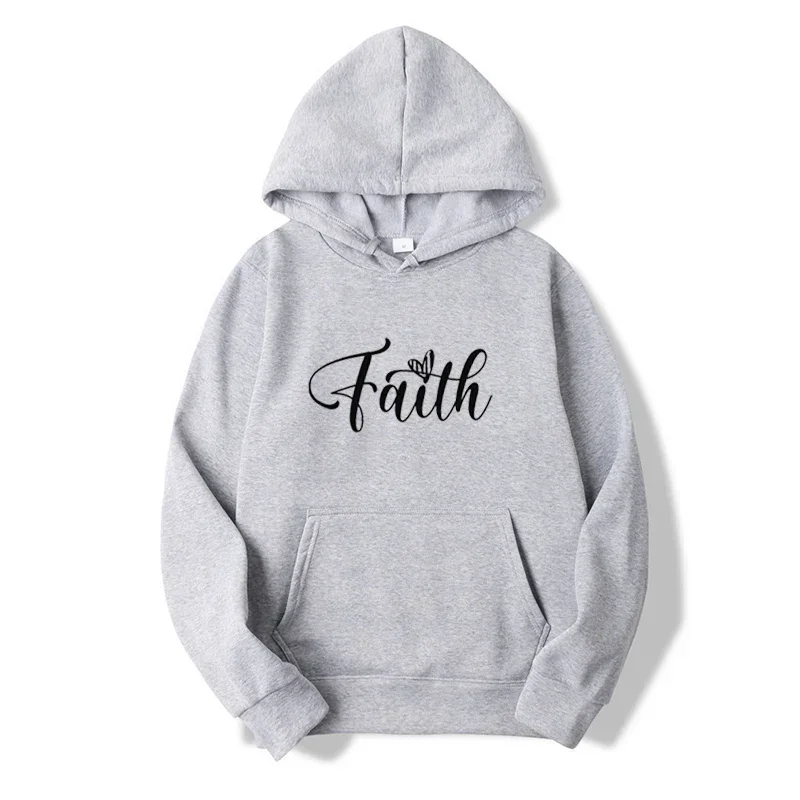 Faith Print Hooded Sweatshirt Women's Pullover Harajuku Long-sleeved Tops Kawaii Hoodie Daily Streetwear