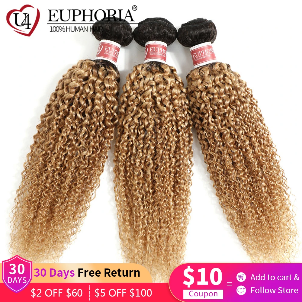 Ombre Blonde 27 Customized Kinky Curly Hair Bundles Brazilian Human Hair 1/3 Pcs 1B Brown Remy Curly Hair Weaving Bundles EUPHOR