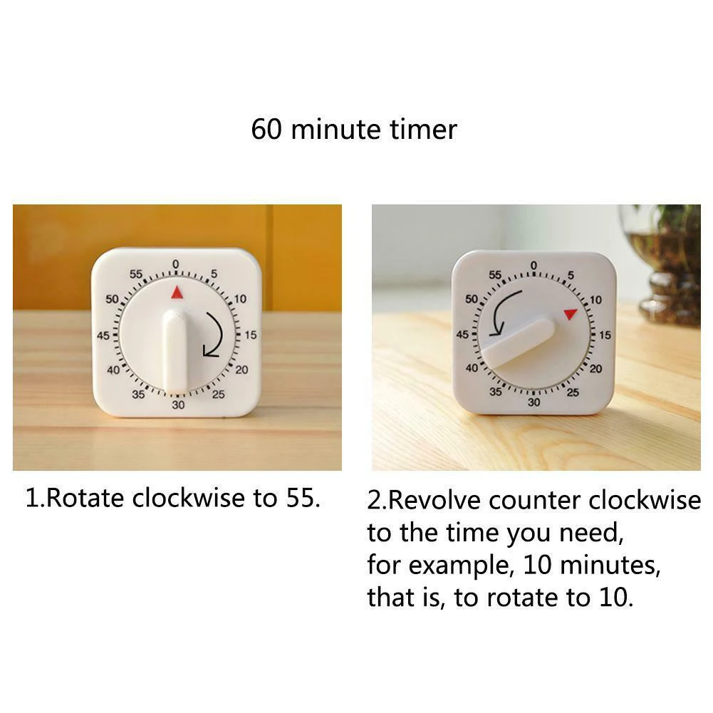 

Kitchen Timer Small Reminder Square White 1 Pc 3 Seconds Alarm 60 Minute Timer 60x60x35mm Clock Mechanical Timer