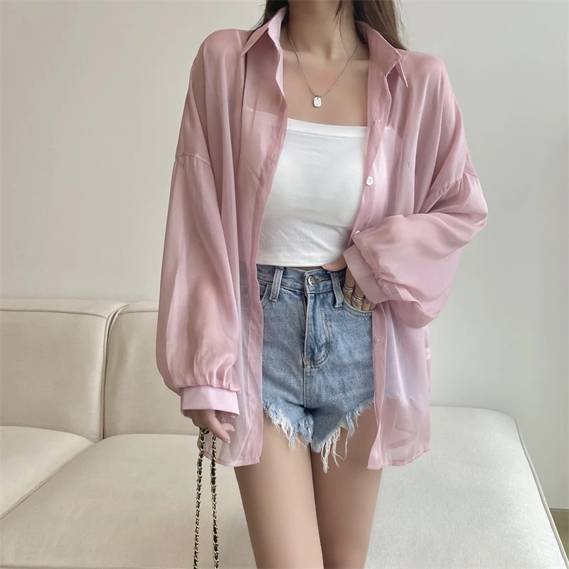 MEXZT Streetwear White Chiffon Shirts Women Korean Black Sheer Sun Protection Blouses Summer Fashion Long Sleeve Loose Tops New