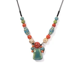 Handmade Blue Ceramic Axe Necklace Adjustable 40-80cm, Bohemian Jewelry with Multicolor Beads & Antique Alloy 1133