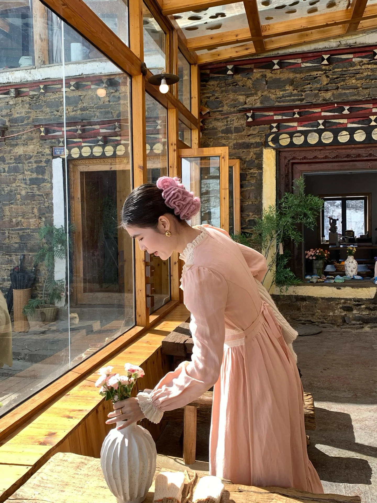 TIYIHAILEY printemps automne lin femmes robe rose à manches longues mi-mollet dames vêtements S-L Vintage taille haute 2026 dentelle