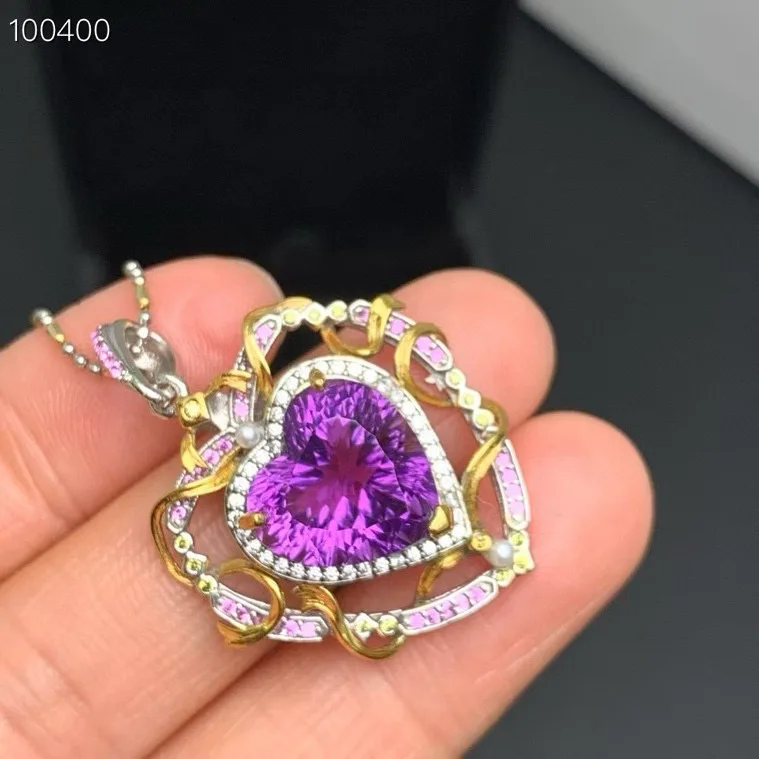 Natural Amethyst 925 Sterling Silver Pendant, Heart-Shaped Amethyst, Handcrafted Jewelry (no Chain )