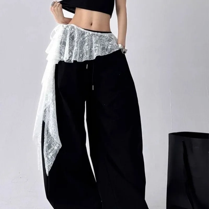 Jeans Pants Decor Embroidered Flower Lace Mini Skirt Irregular See Through Ruched Skirts High Waist Harajuku Pleated Skirts