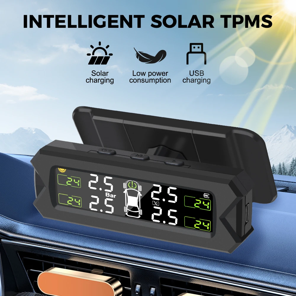 

Temperature Warning Solar Power Auto Security Alarm Tyre Pressure Sensor Tire Pressure Monitoring System Car TPMS