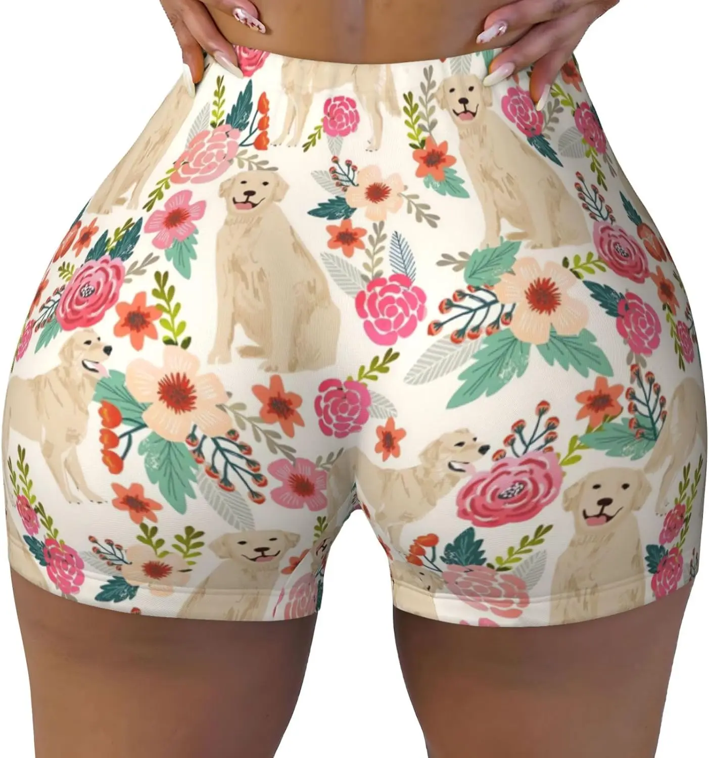 

Женские шорты для тренировок с высокой талией и цветочным принтом для любителей собак, спортивные шорты для фитнеса и бега в тренажерном зале, йоге