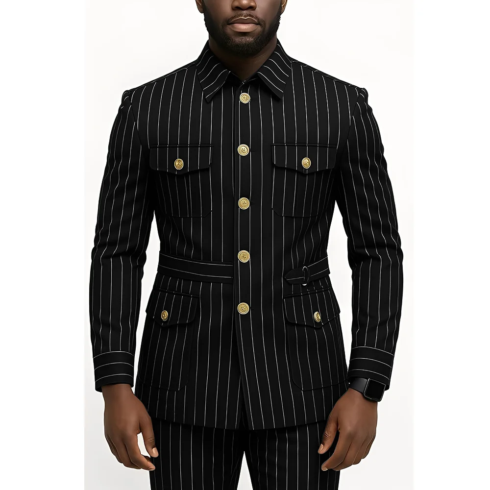 Costume 2 pièces rayé pour hommes, simple boutonnage, design multi-poches, y compris costume et pant