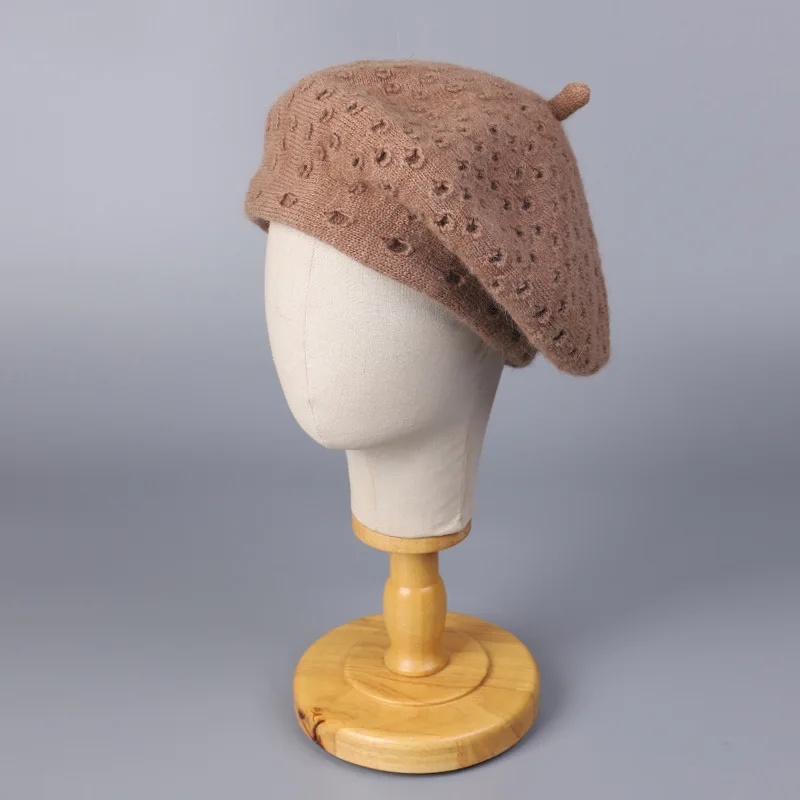 Korean Angolan Rabbit Fur Knitted Beret for Women Warm Winter Solid Color Painter Hat with Fashionable Hole Design