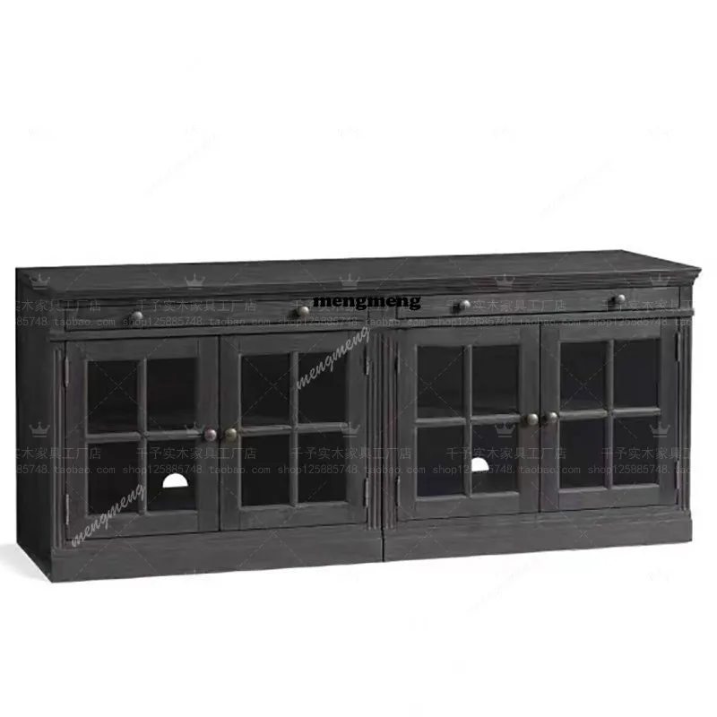 French retro old American solid wood locker storage glass door three drawer TV cabinet