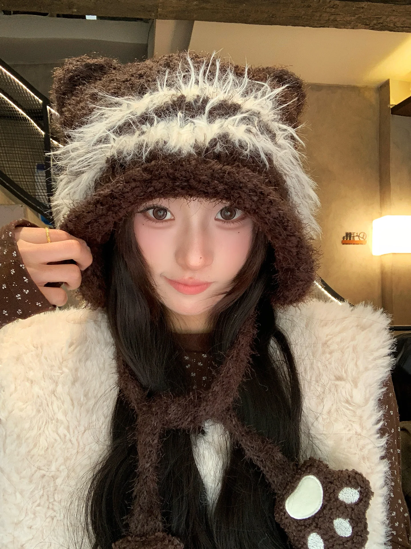 Cute Knitted  Ear Plush Hat Women's Autumn Winter Thick Warm Tied Rope Style Casual No Brim Foldable round Top Youth Hat