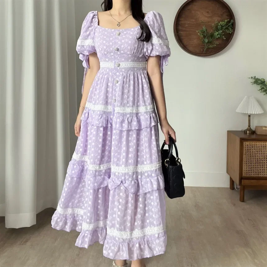 

Purple Vintage Long Dress Women Summer Square Collar Bodycon Dress Embroidery Lace Puff Sleeve Clothes Female