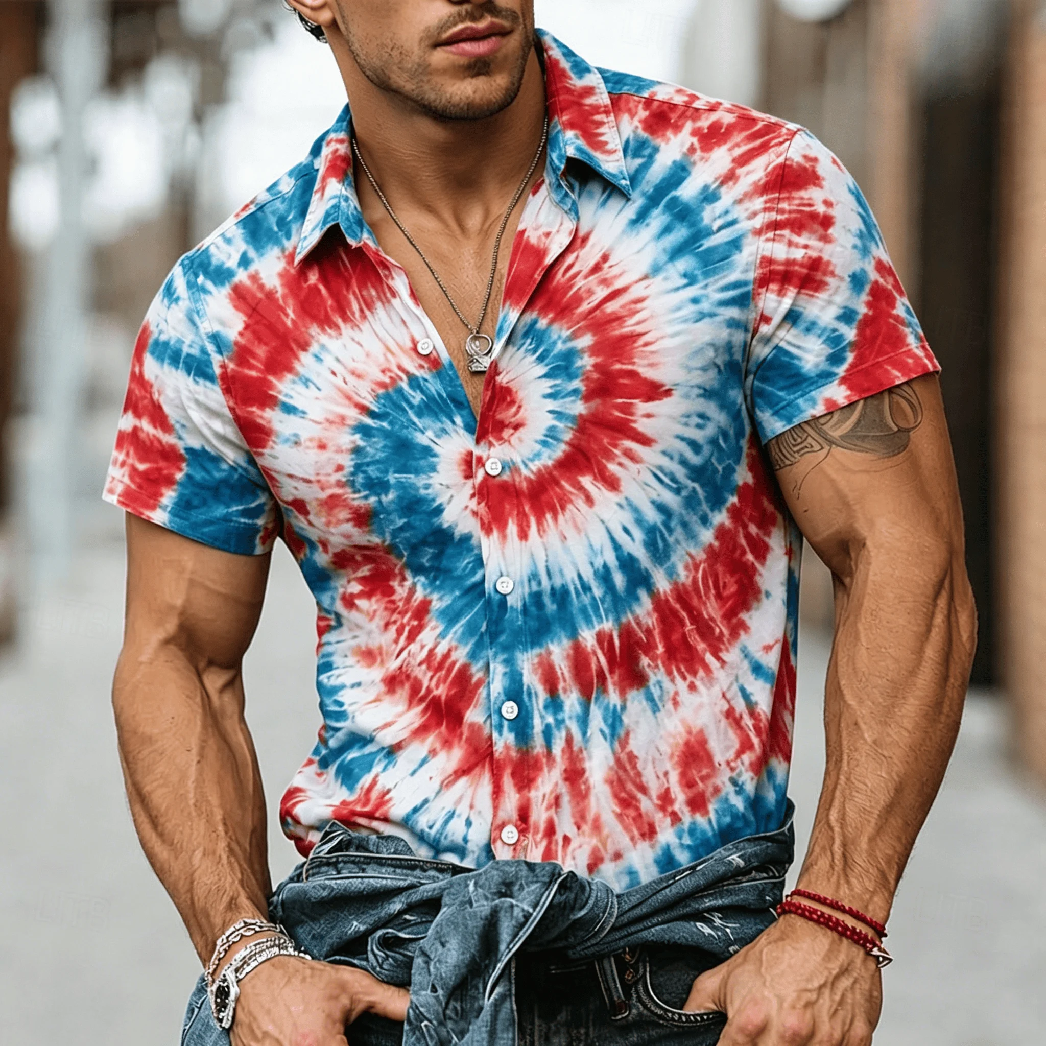 

Men's Red White Blue Tie Dye Spiral Print Short Sleeve Shirt, Retro Hippie Button Up Shirt for Spring & Summer