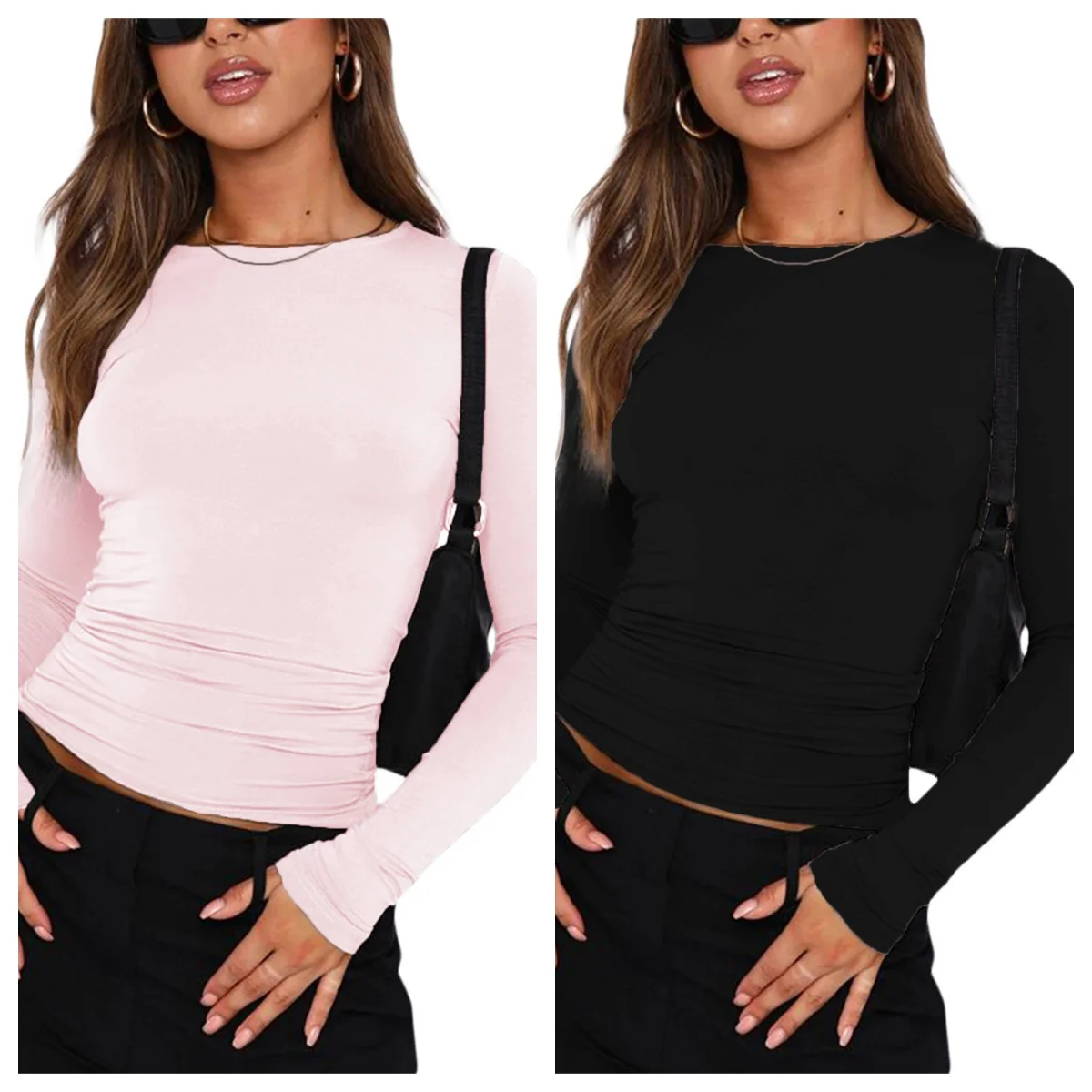 

Basic Crewneck Casual Crop Tops for Women y2k Solid Skinny Long Sleeve Slim Fits Stretchy Cropped Tees T-shirts with Thumb Holes