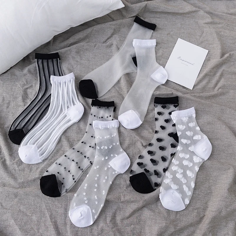 Chaussettes en soie pour femmes, décontractées, japonaises, Kawaii, mignonnes, transparentes, à rayures, en maille, Harajuku, été