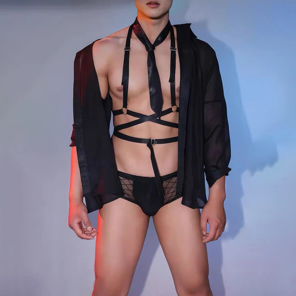 Mens Bondage Tie Shirt Fashion Underwear Outfit 2024 New Pajamas Fashion See-Through Sexy Role Play Exciting Lgbt Mens Wear