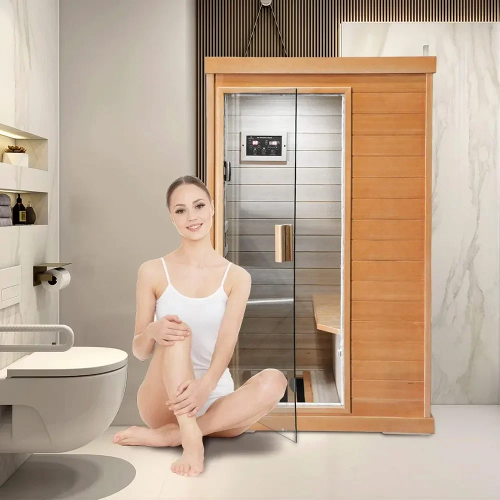 Sauna inframerah jauh, rumah Sauna ruang Spa low-emf Kanada kunci kayu Hemlock 800W Sauna dalam ruangan untuk rumah dengan Panel kontrol dan Tempered