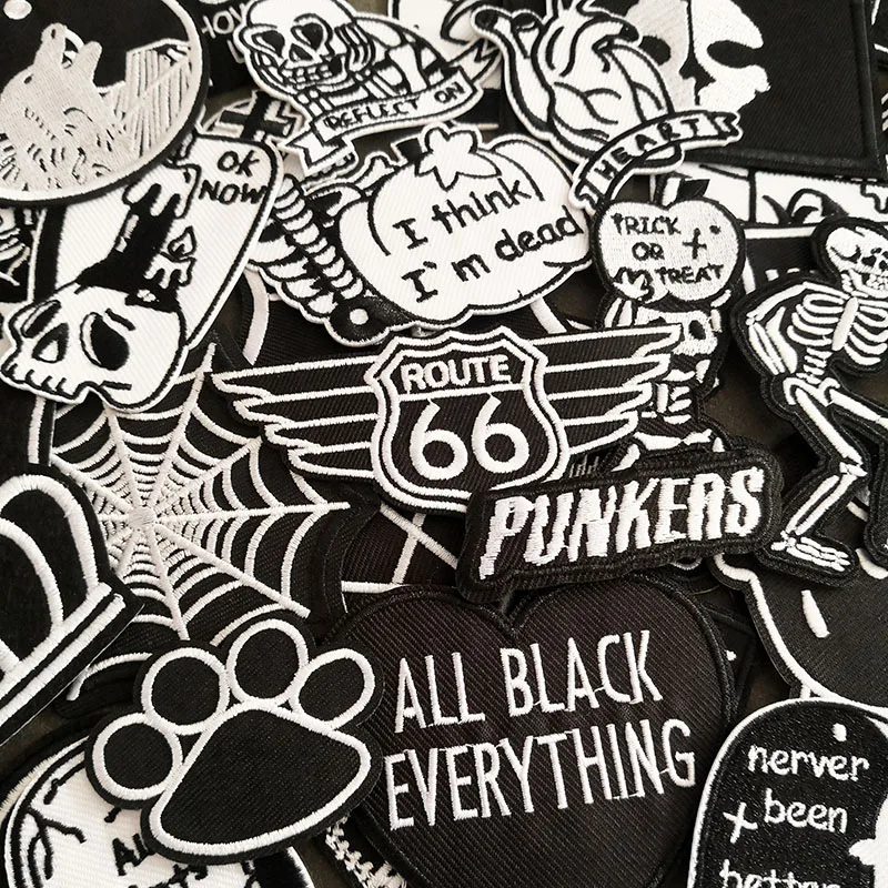 50pcs/lot Black White Punk Patches Iron On For Cloth Embroidery Hippie Badges Jacket Jeans Stickers Fabric DIY Sewing Appliques