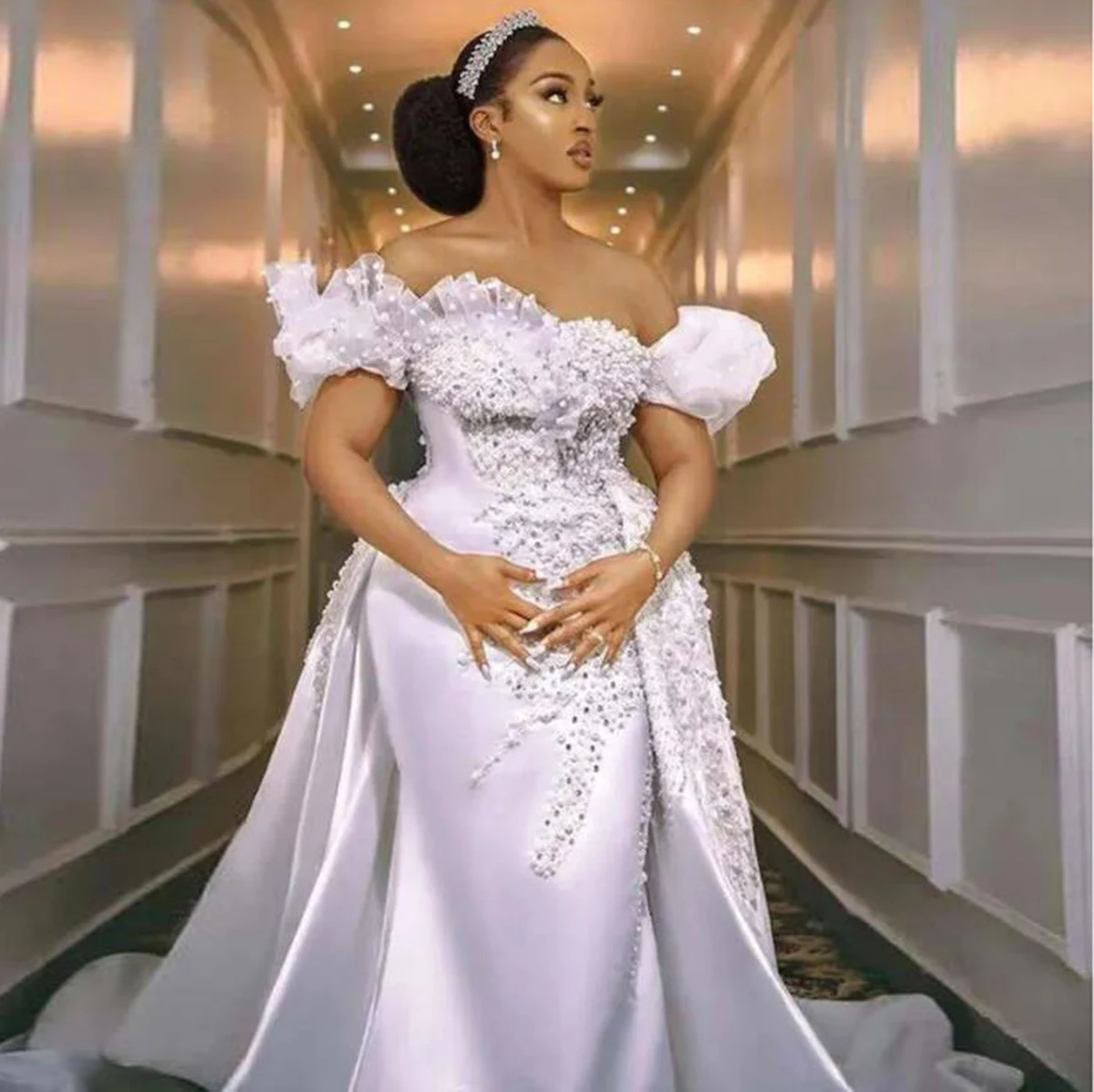 

Aso Ebi Mermaid Wedding Dresses For Bride Customized Off Shoulder Pearls Beaded Bridal Gowns Women Formal Party Robe De Mariee