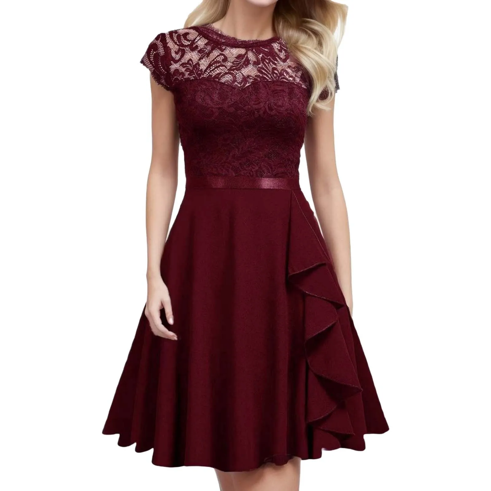 Damen lässig Cocktail kleid mit Taille Rundhals ausschnitt Spitze kurz ärmel ige Temperament Kleider solide formelle Party kleider Frau