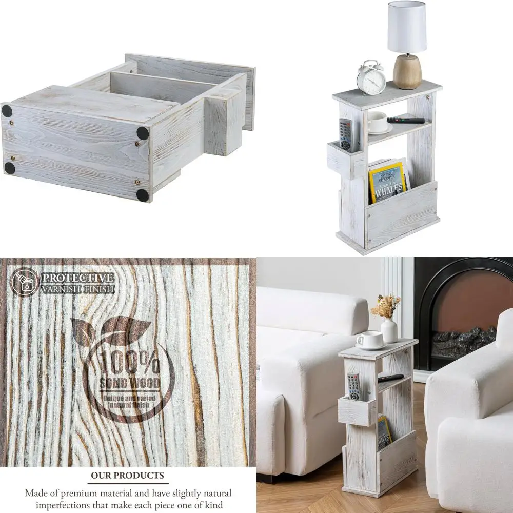 

Белый деревянный узкий приставной столик для дивана с полкой для хранения и держателем для журналов